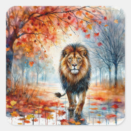 Sticker Carré Lion Marcher Dans L'Aquarelle Automne