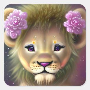 Sticker Carré Lion mignon bébé avec fleurs roses Graphique
