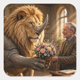 Sticker Carré Lion Rhinocéros Fleur Cadeau – Fantaisie Vintage F