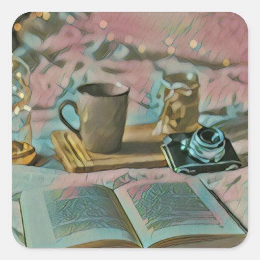 Sticker Carré Lire Livres, Boire Café (Devant)