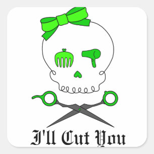 Sticker Carré Liste de cheveux vert citron Crâne et ciseaux Cros