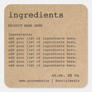 Sticker Carré Liste minimaliste simple des ingrédients noirs et