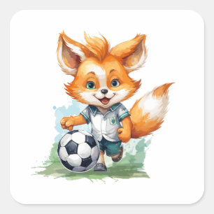 Sticker Carré Little Cute Fox joue un football