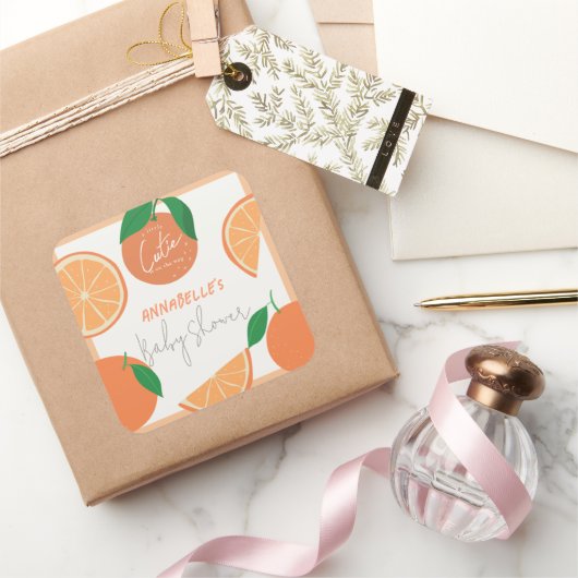 Sticker Carré Little Cutie Baby shower moderne orange (Cadeaux)