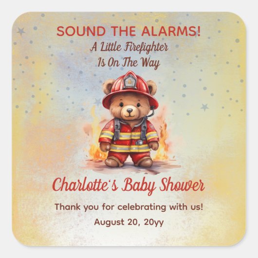 Sticker Carré Little Firefighter Teddy Bear Baby Shower  (Devant)
