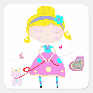 Sticker Carré Little girl with cute cat