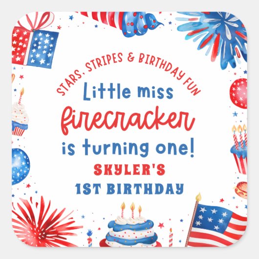 Sticker Carré Little Miss Firecracker 4 juillet 1er anniversaire (Devant)
