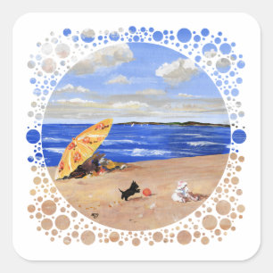 Sticker Carré Little Scottie Joue à la Plage