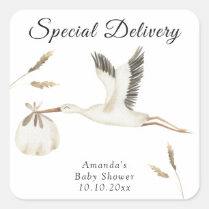 Sticker Carré Livraison spéciale aquarelle Baby Shower Cigogne