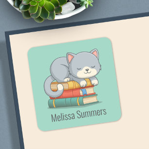 Sticker Carré Livre de chat heureux empilé avec nom personnalisé