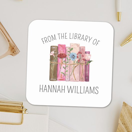 Sticker Carré Livre rose fleur de la bibliothèque de plaques