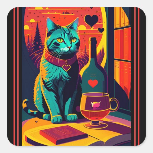 Sticker Carré Livres Chat Sunset Et Vin (Devant)
