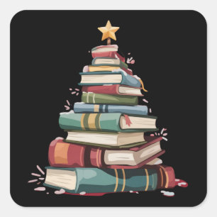 Sticker Carré Livres de Noël Arbre Amoureux des Livres Enseignan
