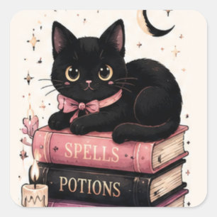 Sticker Carré Livres de sorts magiques Chat noir sorcière