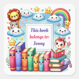 Sticker Carré Livres mignons pour bébés avec arc-en-ciel et nuag