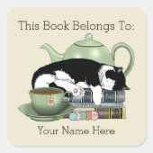 Sticker Carré Livres Thé Chat Cute (Devant)