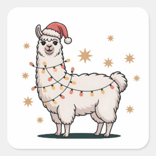 Sticker Carré Llama Alpaca Avec Chapeau De Père Noël Et Lumière