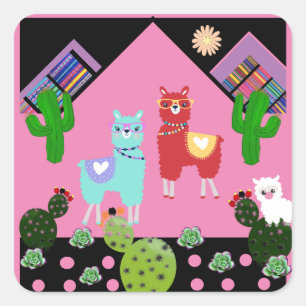 Sticker Carré Llama et Cactus