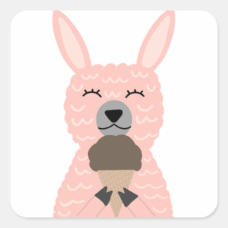 Sticker Carré Llama Rose Cute Manger Crème De Glace