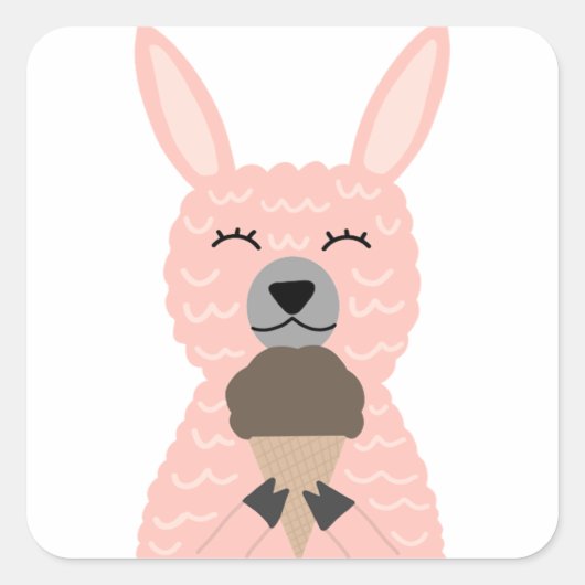 Sticker Carré Llama Rose Cute Manger Crème De Glace (Devant)