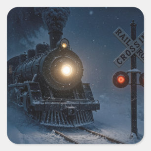 Sticker Carré Locomotive à vapeur vintage en hiver