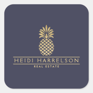 Sticker Carré Logo élégant d'ananas doré sur fond bleu crépuscul