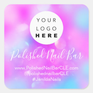 Sticker Carré Logo Holographique Nom de l'entreprise Nail rose B
