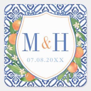 Sticker Carré Logo Mariage Citrus; Oranges Avec Carreaux Bleus