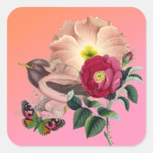 Sticker Carré L'oiseau vintage fleurit le collage rose de corail