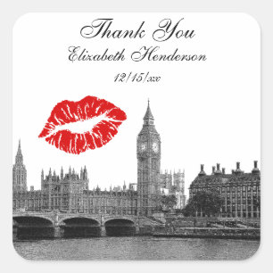 Sticker Carré London Angleterre Skyline Kiss #1 BW Favor Tag