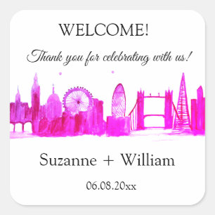 Sticker Carré Londres Angleterre skyline Pink Faveurs Mariage Ca