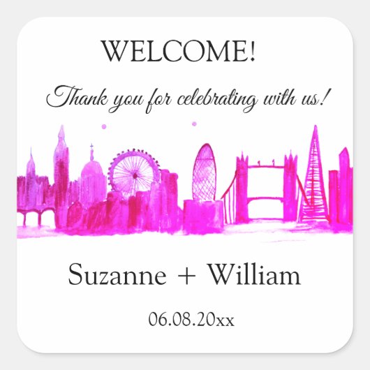 Sticker Carré Londres Angleterre skyline Pink Faveurs Mariage Ca (Devant)