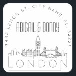 Sticker Carré Londres Destination Wedding<br><div class="desc">Gagnez du temps et faites une impression en envoyant vos invitations de mariage. Ces autocollants d'enveloppe pré-adressés se présentent dans un style élégant mais moderne décoré sur le thème et présentent une illustration de la ville de Londres et de son skyline unique. Les couleurs neutres sont adaptées pour compléter une...</div>