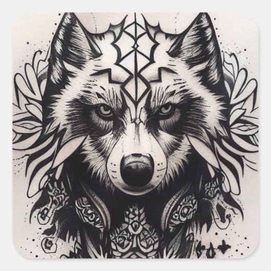 Sticker Carré Lone Wolf Tribal Tattoo Wolfs Powerwolf Pack (Devant)