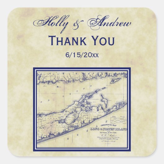 Sticker Carré Long Island The Hamptons Map Distresse (Devant)