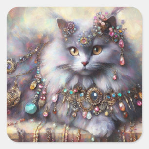 Sticker Carré Longue Cheveux Gris Nebelung Chat Kitty Bijoux Bij