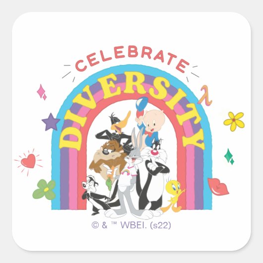 Sticker Carré LOONEY TUNES™ - Celebrate Diversity Pride Rainbow (Devant)