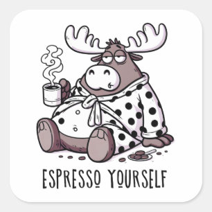 Sticker Carré L'orignal boit du café dans une robe Poka Dot
