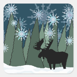 Sticker Carré L'orignal dans la forêt de flocon des neiges