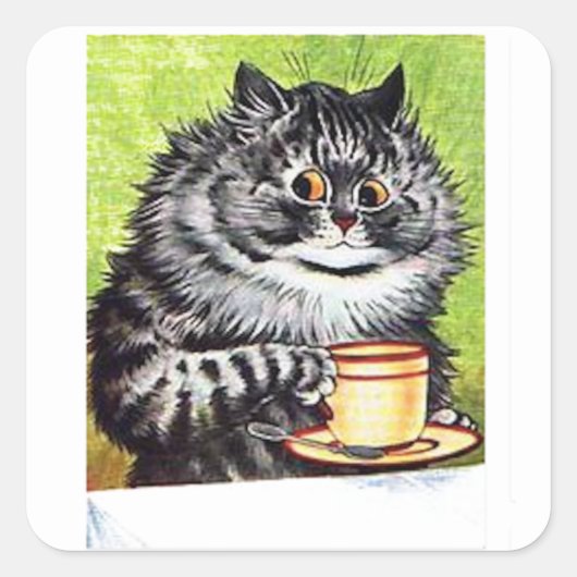 Sticker Carré Louis Wain, Cat and Coffee Cup, (Devant)