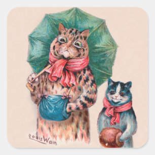 Sticker Carré Louis Wain's Cat and Kitten With Umbrellas