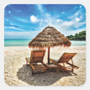 Sticker Carré Lounge on beach throw pillow
