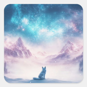 Sticker Carré Loup assis dans un paysage de montagne enneigé en