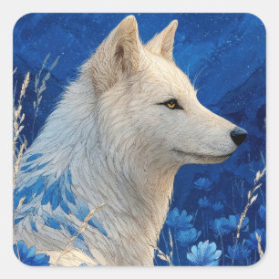 Sticker Carré Loup Blanc avec Motif Floral Bleu sur la Fourrure 