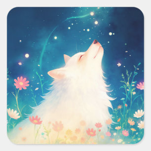 Sticker Carré Loup Blanc Contemplant la Traînée Céleste Magique