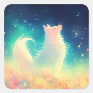 Sticker Carré Loup Blanc Debout dans des Fleurs Sauvages Colorée