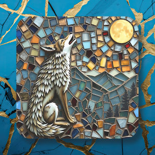 Sticker Carré Loup en mosaïque hurlant sur la lune