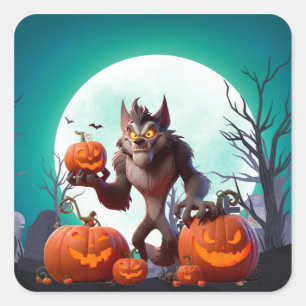 Sticker Carré loup-garou et citrouilles d'Halloween