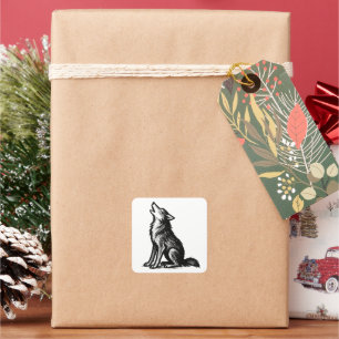Sticker Carré Loup qui hurle Pinceau Encre Art Animal sur