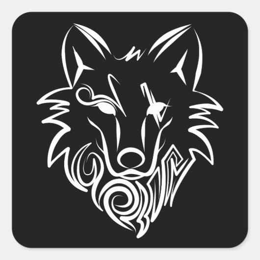 Sticker Carré Loup tribal noir et blanc (Devant)